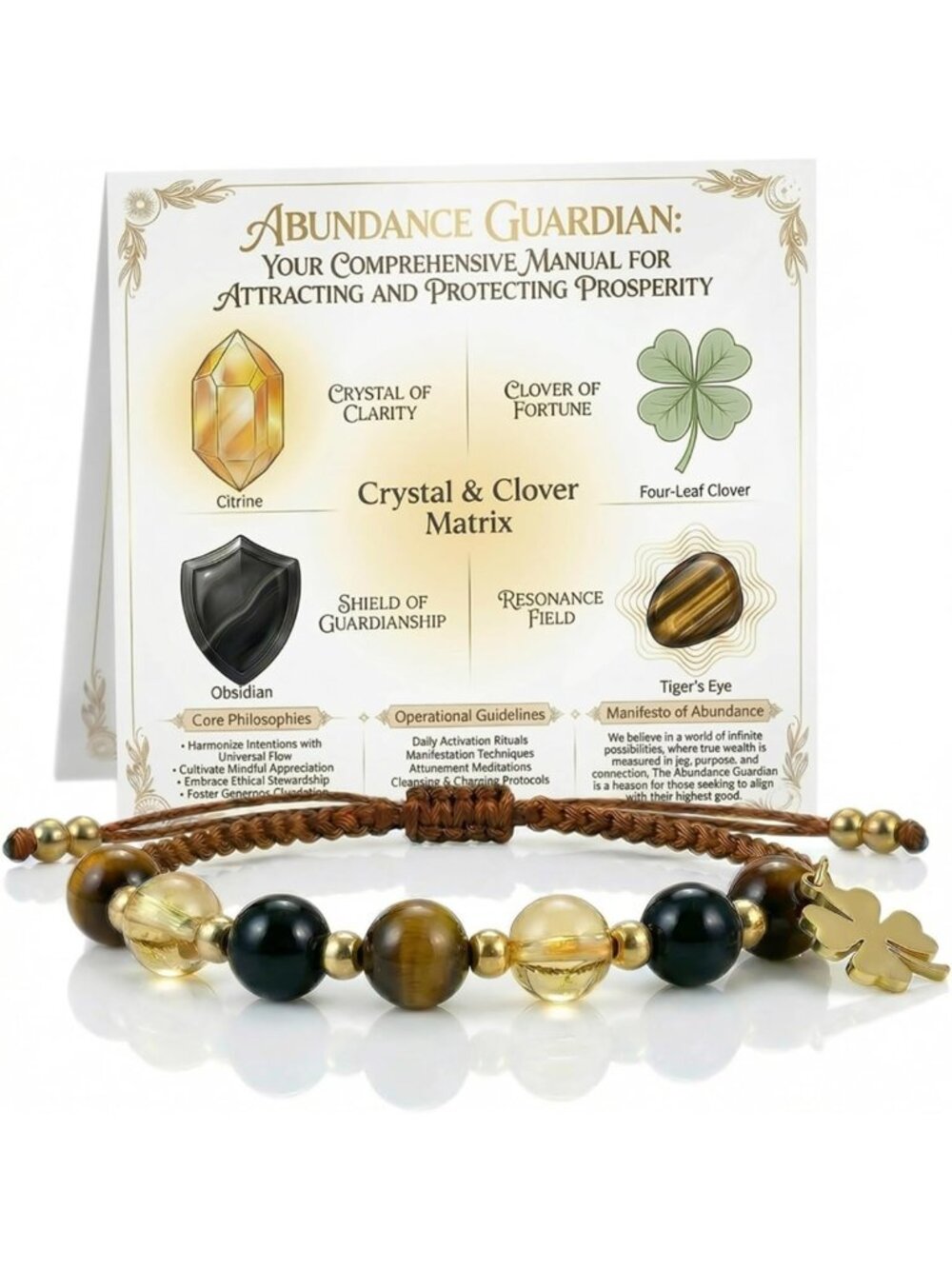 Natural Healing Crystal Bracelet with Four-Leaf Clover | Good Luck & Abundance